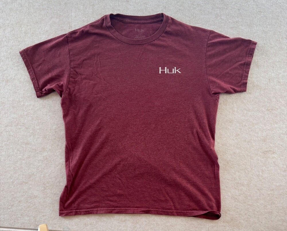 HUK Mens Large Bass Fishing T Shirt Burgundy Fish Graphic Short Sleeve Angler